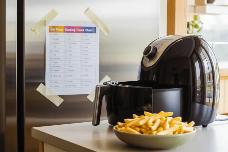 Air fryer on kitchen counter with a bowl of golden French fries and a colorful Air Fryer Cooking Times Cheat Sheet taped on the fridge.