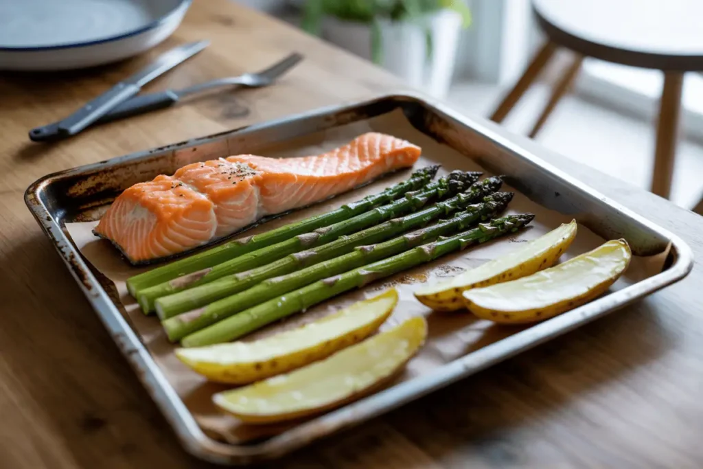 Overcooked salmon, burnt asparagus, and undercooked potato wedges on a tray, showing an air fryer cooking timing mistake.
