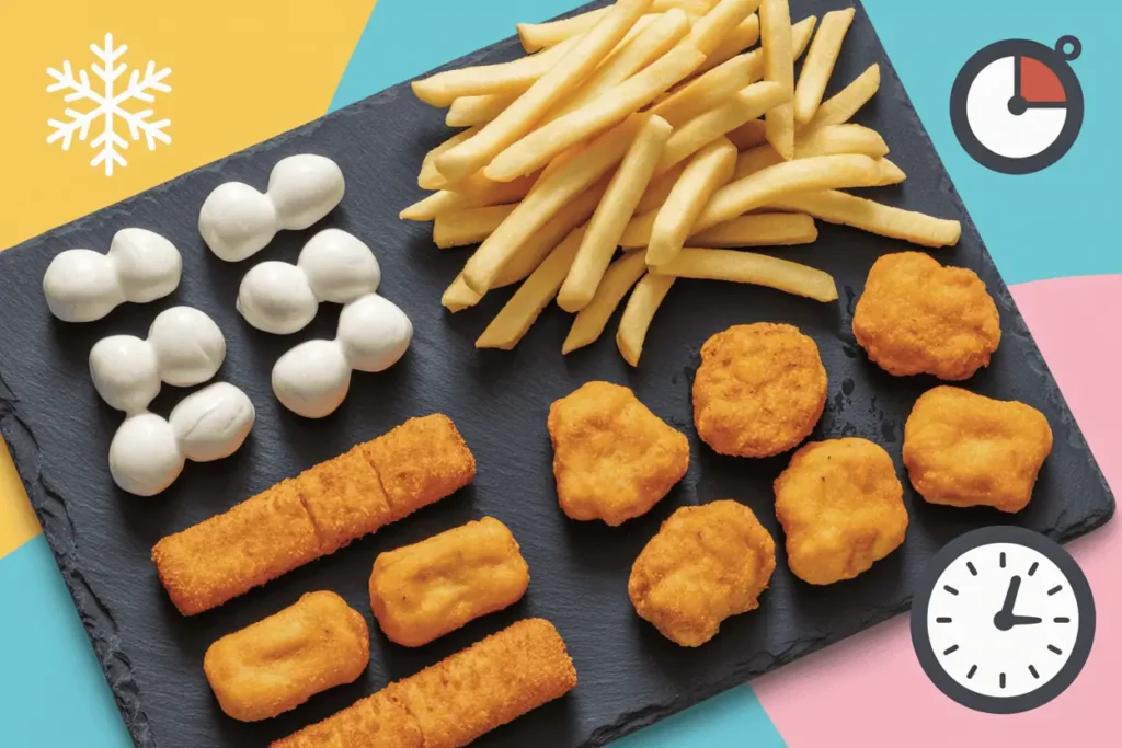 Golden French fries, chicken nuggets, mozzarella sticks, and fish sticks arranged on a slate board with snowflake and timer graphics.