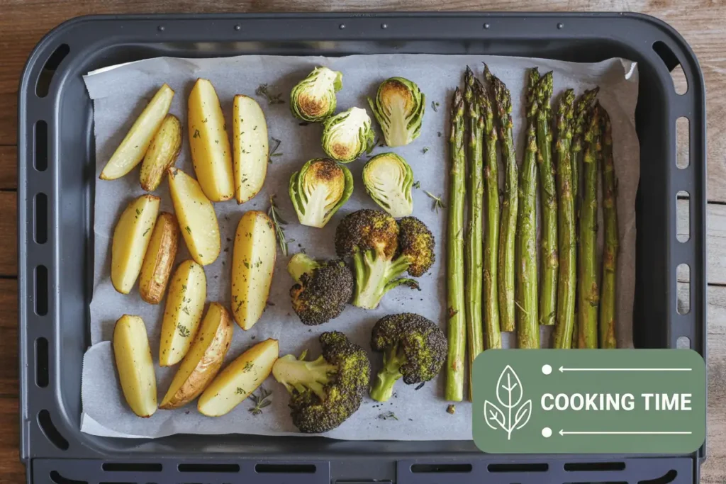 Roasted potato wedges, Brussels sprouts, broccoli florets, and asparagus on a parchment-lined tray with herbs and oil, cooking time icons included