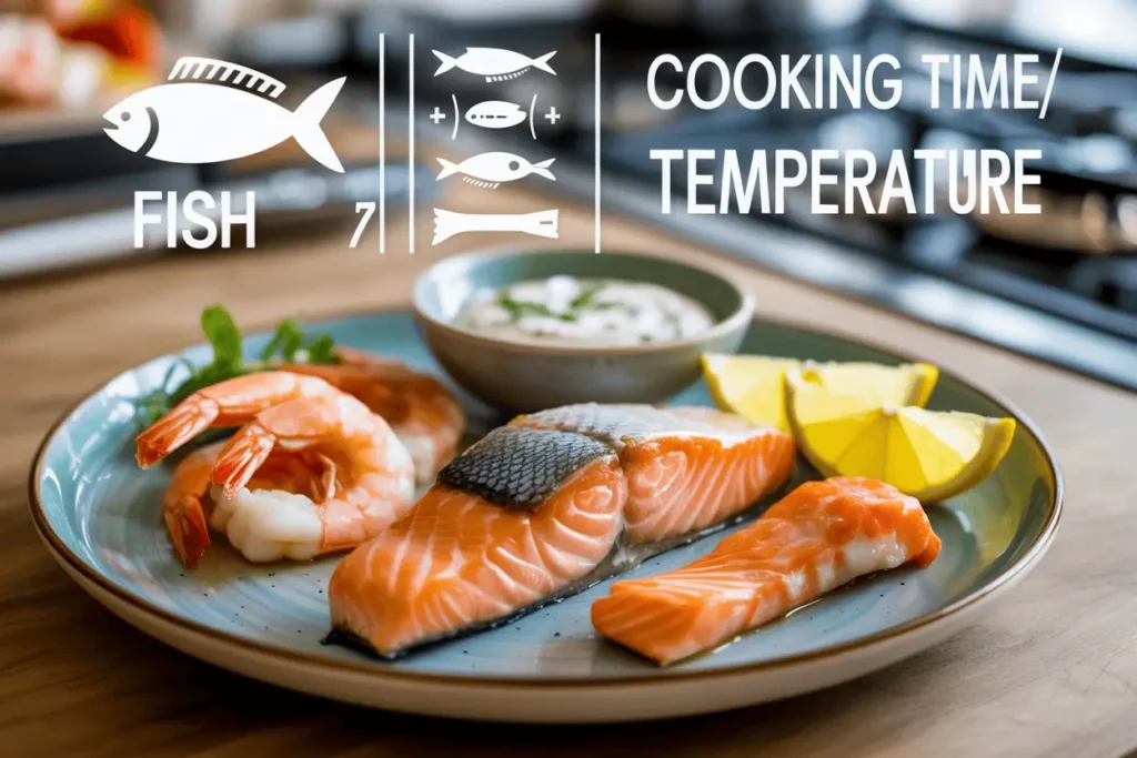 Crispy salmon fillet with skin, cooked shrimp with lemon wedges, and tartar sauce on a plate with time and temperature overlay icons