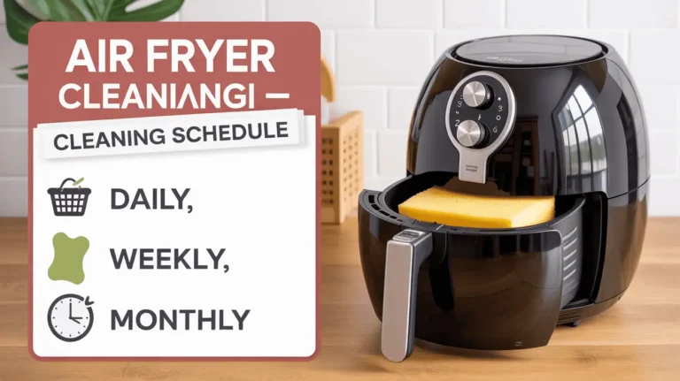 Infographic checklist showing daily, weekly, and monthly air fryer cleaning tasks.