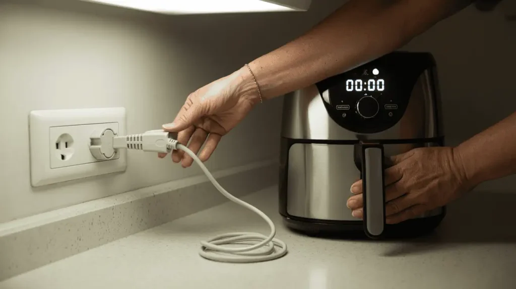Unplugging an air fryer before cleaning for safety.