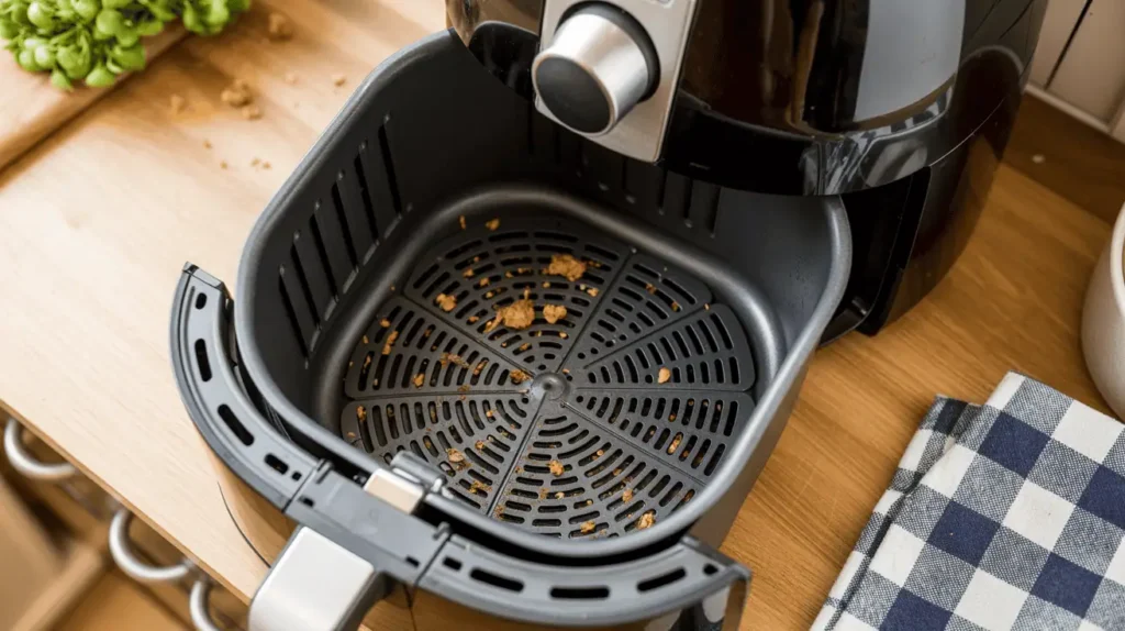 Dirty air fryer basket with visible grease buildup and crumbs.