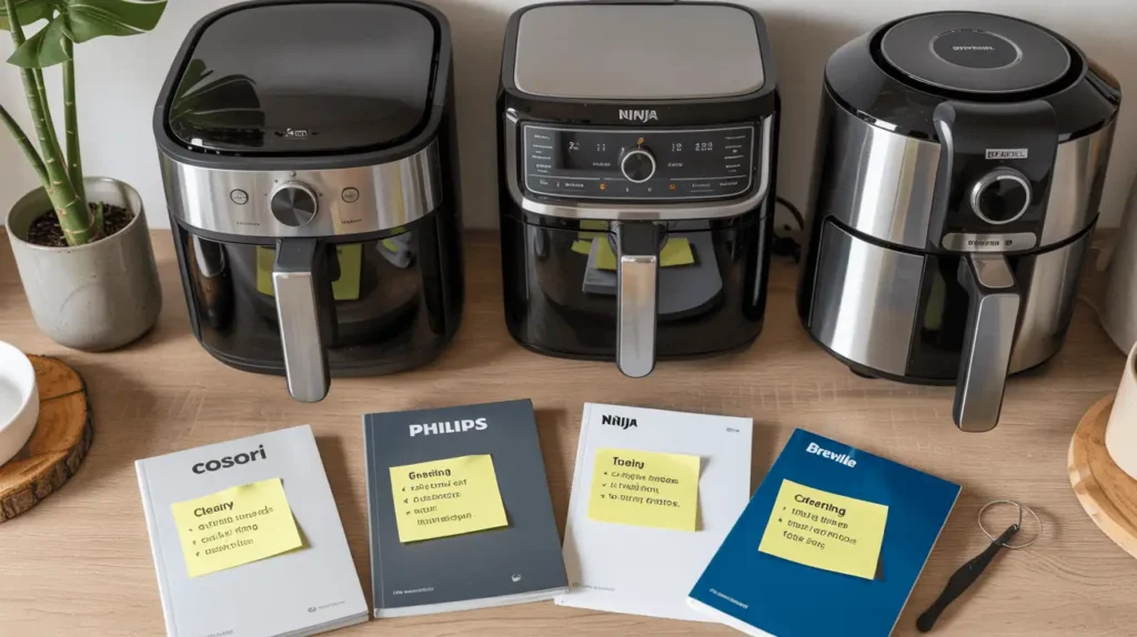 Air fryer brand manuals showing different cleaning recommendations.