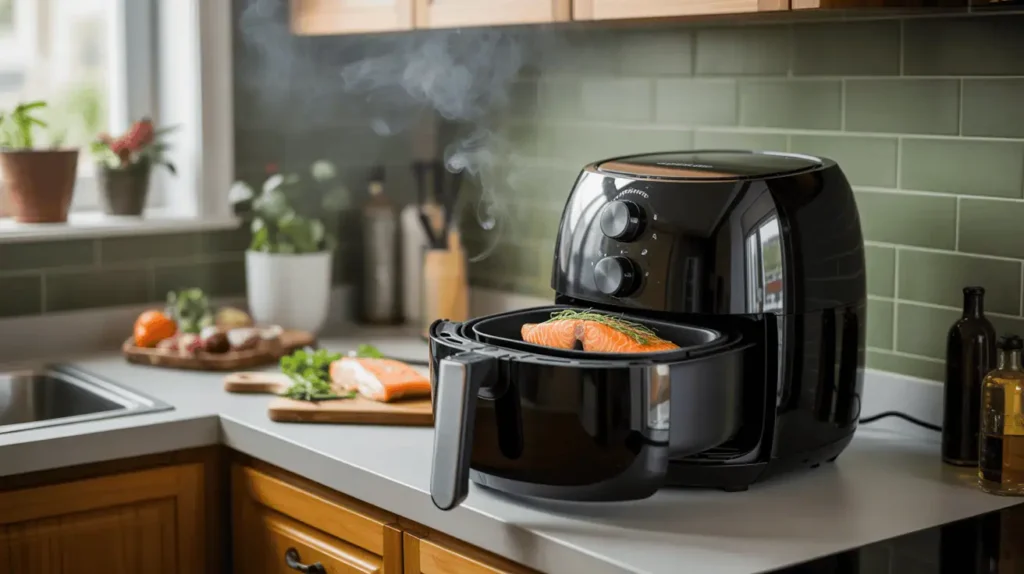 Air fryer smoking with salmon inside, showing the results of poor cleaning.
