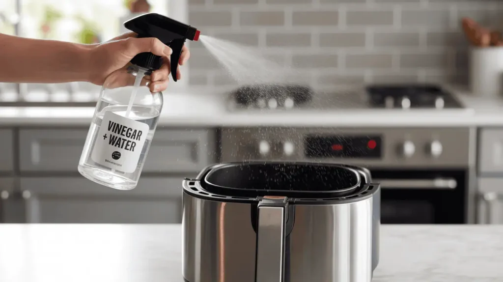 Vinegar cleaning spray applied to air fryer interior.