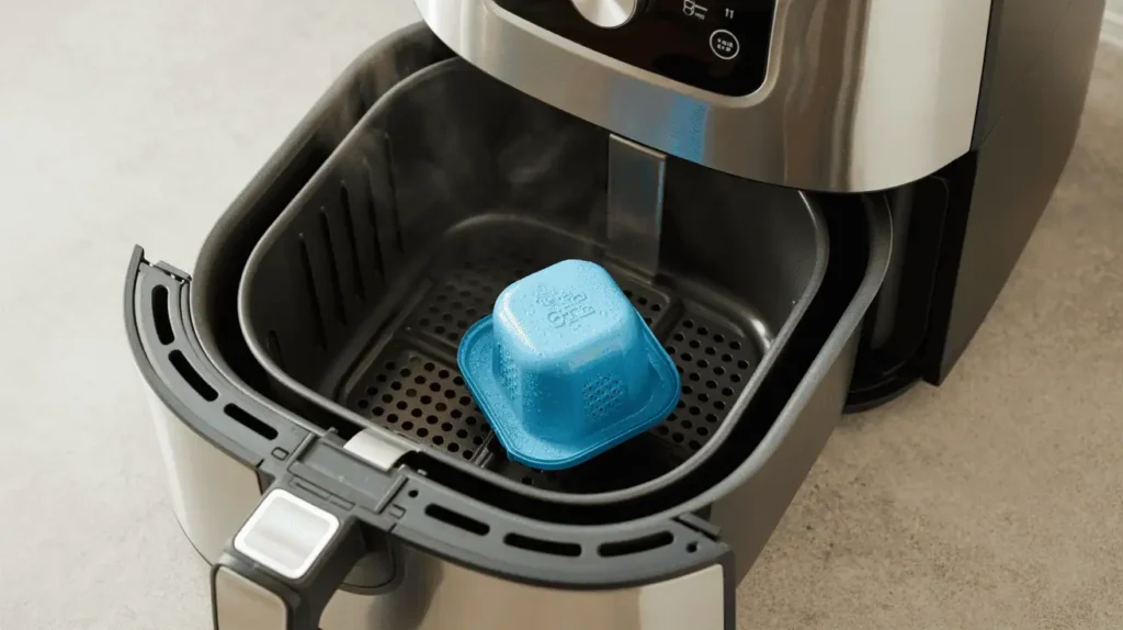 Dishwasher pod dissolving in hot water inside an air fryer basket.