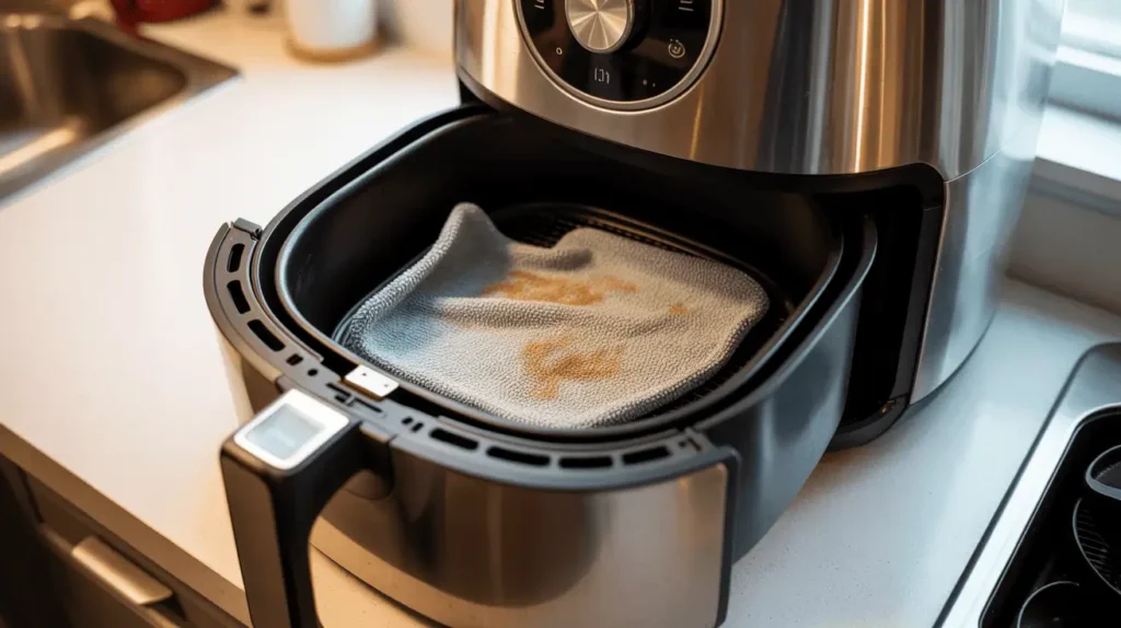 Cleaning the inside heating element of an air fryer with a microfiber cloth.