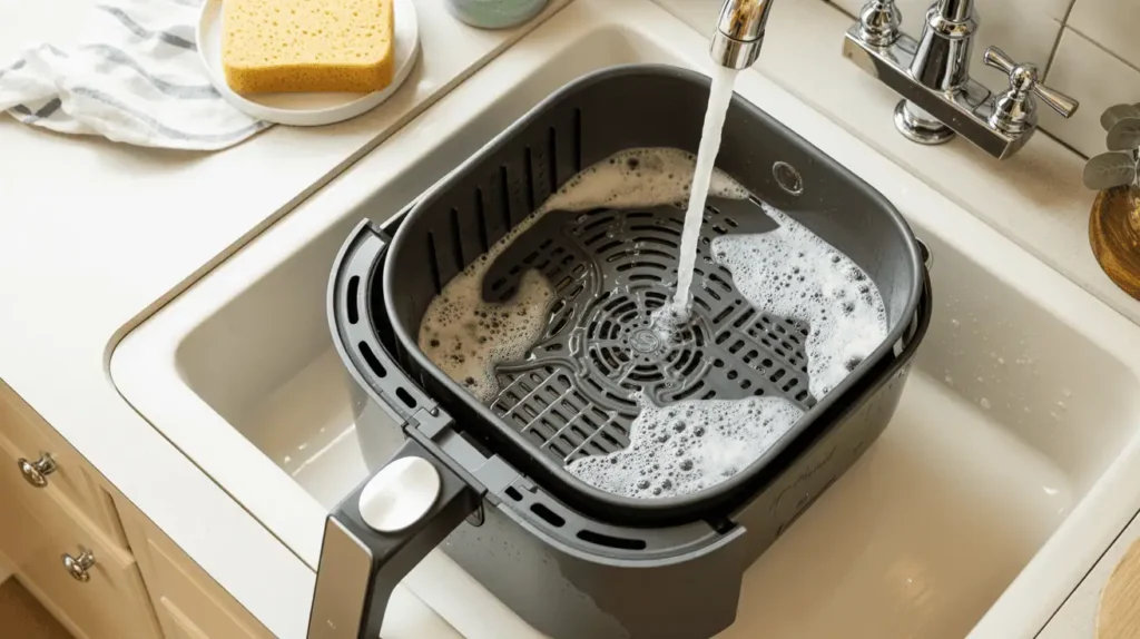 Air fryer basket soaking in soapy water in a kitchen sink.