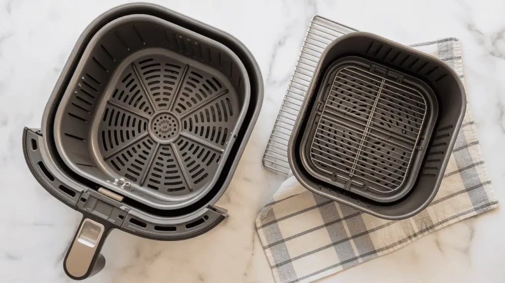 Air fryer removable parts laid out on a counter before washing.