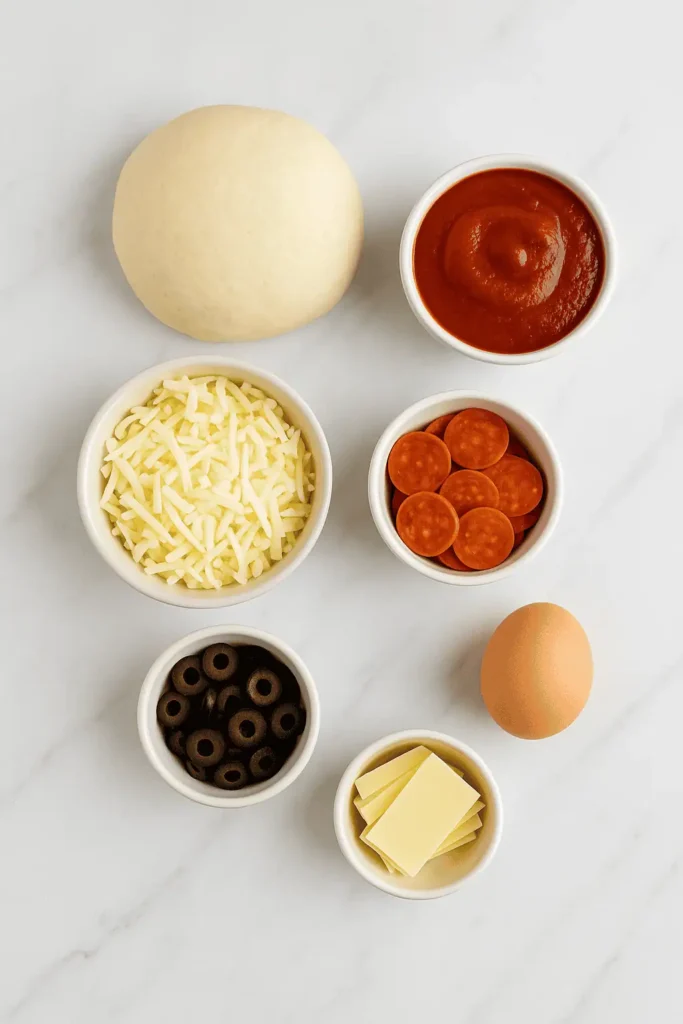 Top-down view of pizza dough, sauce, cheese, mini pepperoni, sliced olives, and an egg. Neatly arranged on a marble surface with soft natural light.