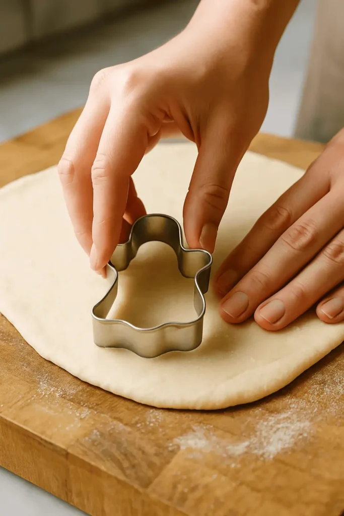 Angle shot of hands using a ghost cookie cutter on rolled-out dough. Warm kitchen background, wooden surface.