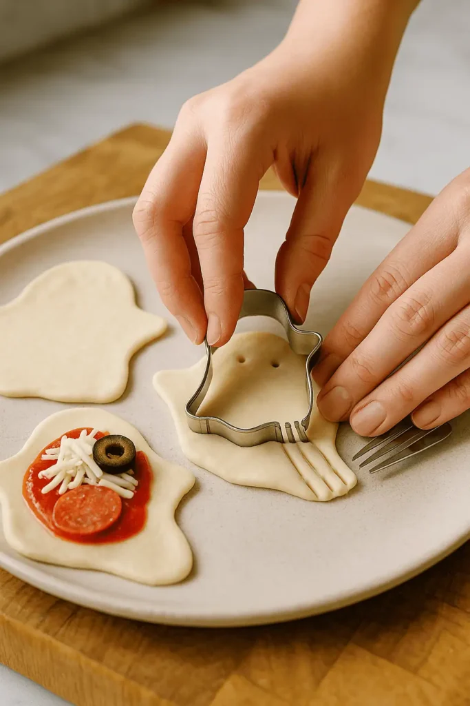 Close-up of hands adding sauce, cheese, and pepperoni to dough, then sealing edges with fork. Natural light, ceramic plate or wooden board.