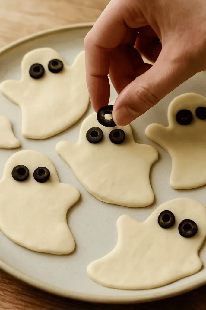 Overhead shot of olives being pressed gently into dough ghosts. Focus on detail, blurred background.