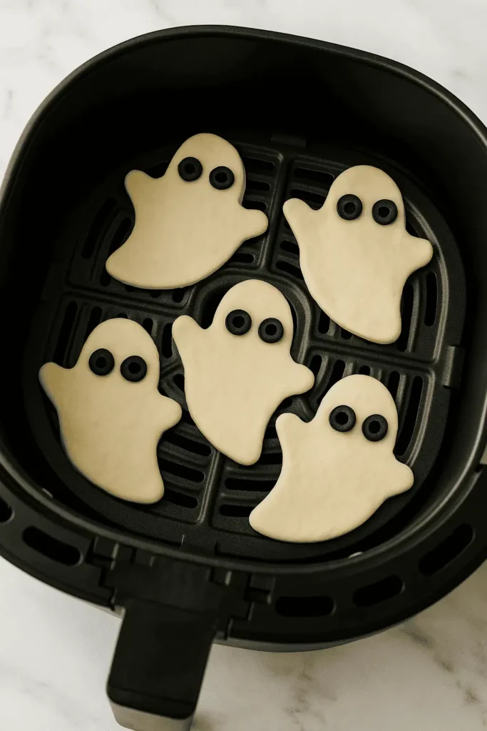 Top-down image of 4–5 ghost pockets arranged in a matte black air fryer basket. Side lighting, marble counter.