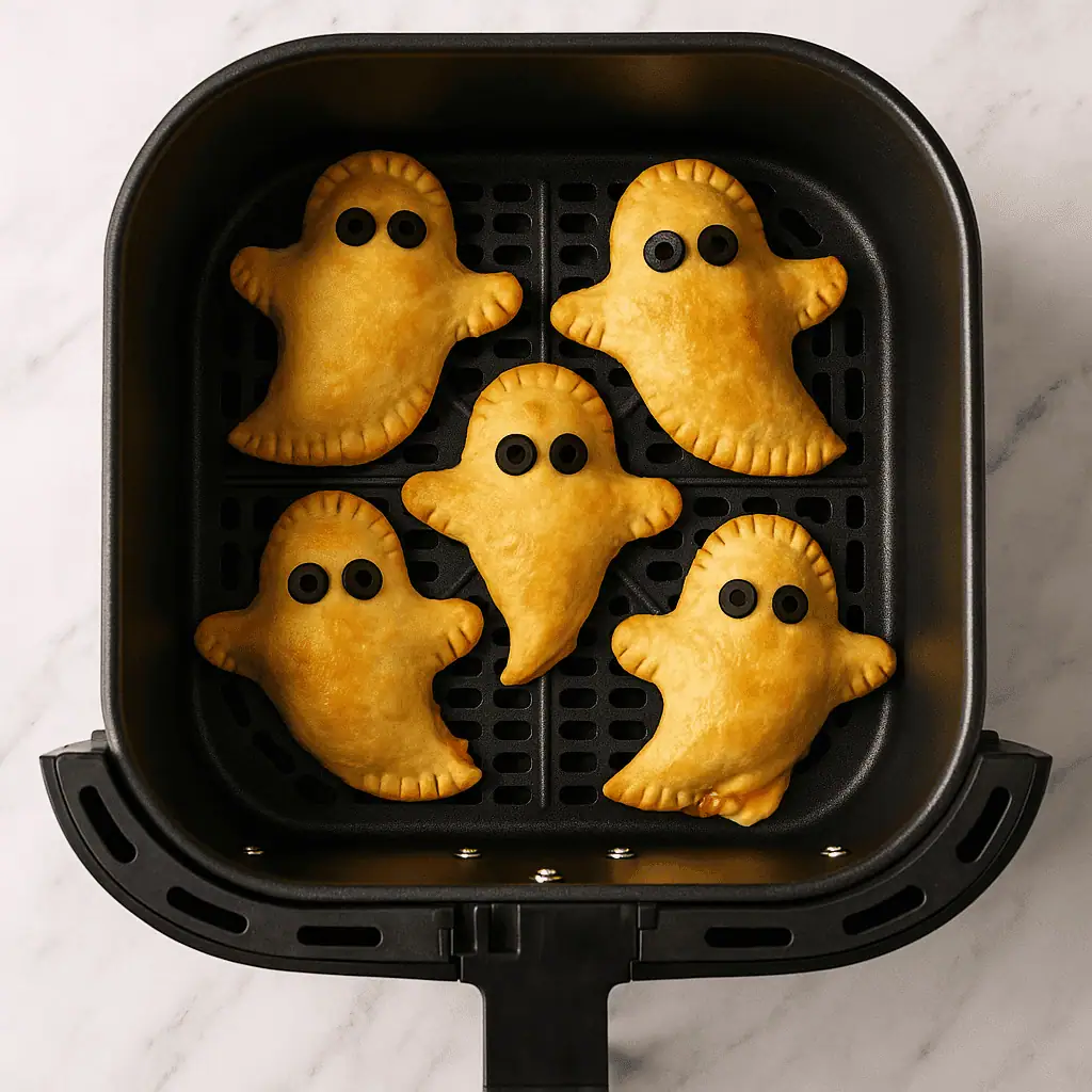 Top-down image of 4–5 ghost pockets arranged in a matte black air fryer basket. Side lighting, marble counter.