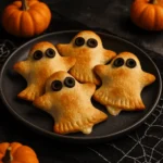 45° or overhead shot of golden-brown ghost pizza pockets on a spooky-themed plate or tray. Cheese slightly melted out, olives visible. Props: spider web cloth, small pumpkins, etc.