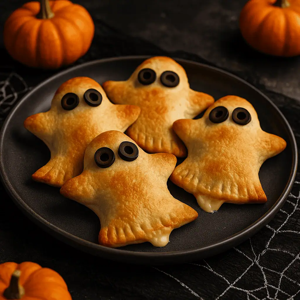45° or overhead shot of golden-brown ghost pizza pockets on a spooky-themed plate or tray. Cheese slightly melted out, olives visible. Props: spider web cloth, small pumpkins, etc.