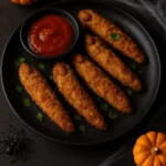 Dark wood or slate. Add Halloween props: fake spiders, cobwebs, mini pumpkins. Natural lighting with cozy shadows.