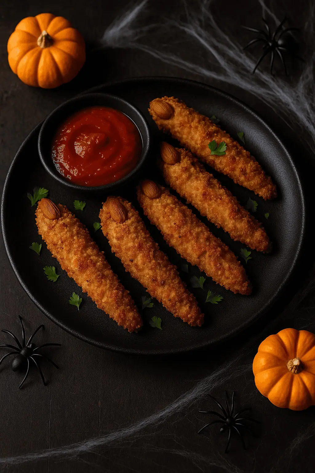 Dark wood or slate. Add Halloween props: fake spiders, cobwebs, mini pumpkins. Natural lighting with cozy shadows.