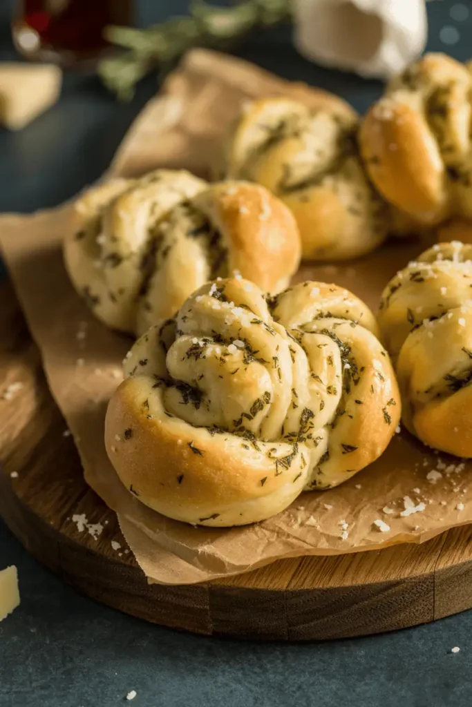 freshly baked garlic knots brushed with melted butter and herbs, sprinkled parmesan, rustic wood board