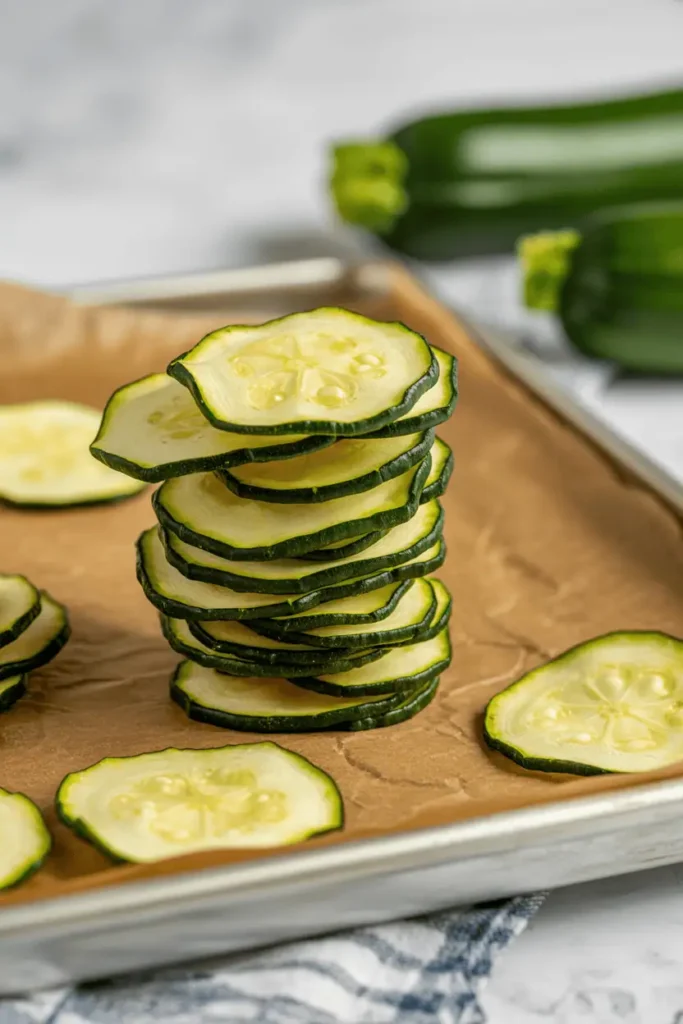 thin zucchini chips stacked or scattered on tray, golden crisp edges, clean neutral styling