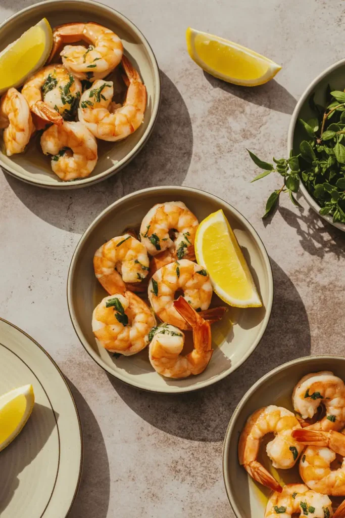 garlic butter shrimp in small serving bowls, herbs and lemon wedge garnish, warm neutral background