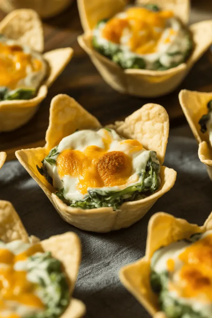 mini tortilla cups filled with creamy spinach artichoke dip, melted cheese top, warm overhead light