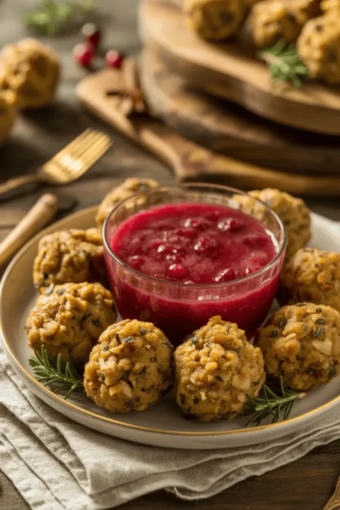 golden stuffing balls served with cranberry dip, cozy fall table, linen napkin, shallow focus