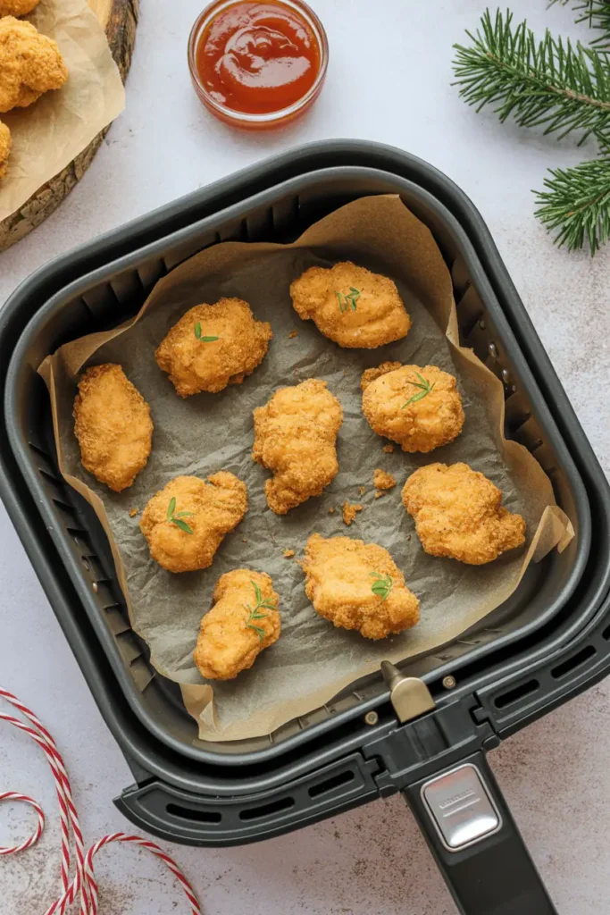 golden crispy chicken bites in air fryer basket, parchment paper, dipping sauce, festive table background