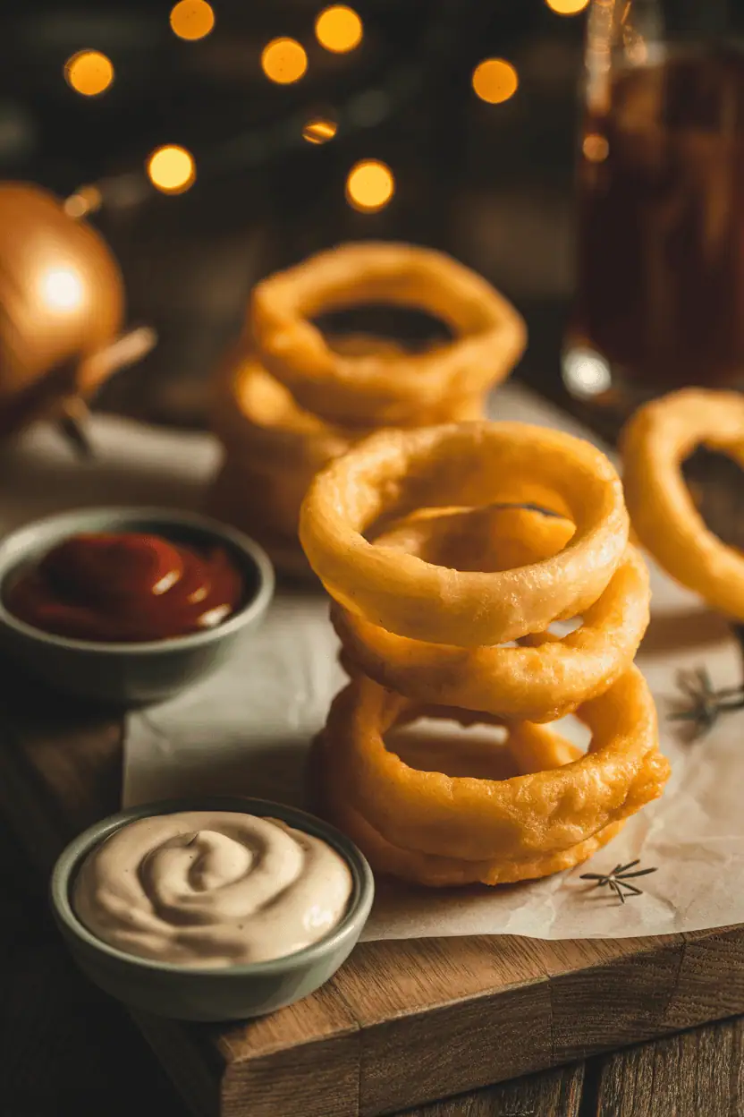 small golden onion rings stacked high, ketchup and aioli dips, warm orange holiday lighting