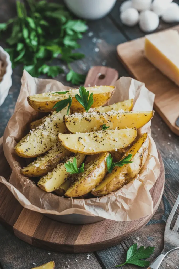 crispy potato wedges sprinkled with parmesan and parsley, served in parchment, cozy thanksgiving vibe