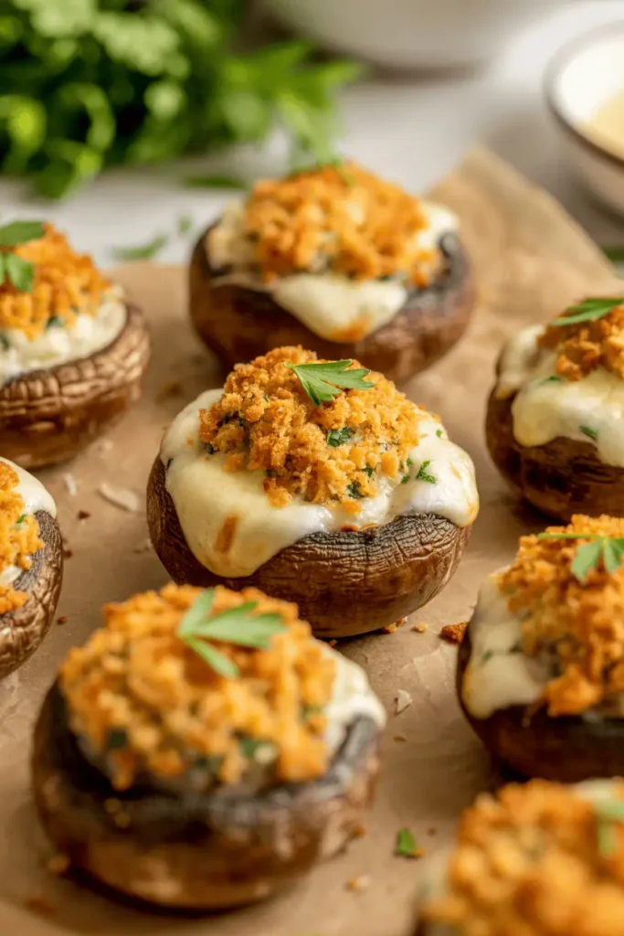 air fryer stuffed mushrooms with golden breadcrumb tops, melted cheese, parsley garnish, soft warm lighting