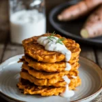 sweet potato fritters stacked on plate, crispy edges, drizzle of sour cream, rustic wooden background, warm tones