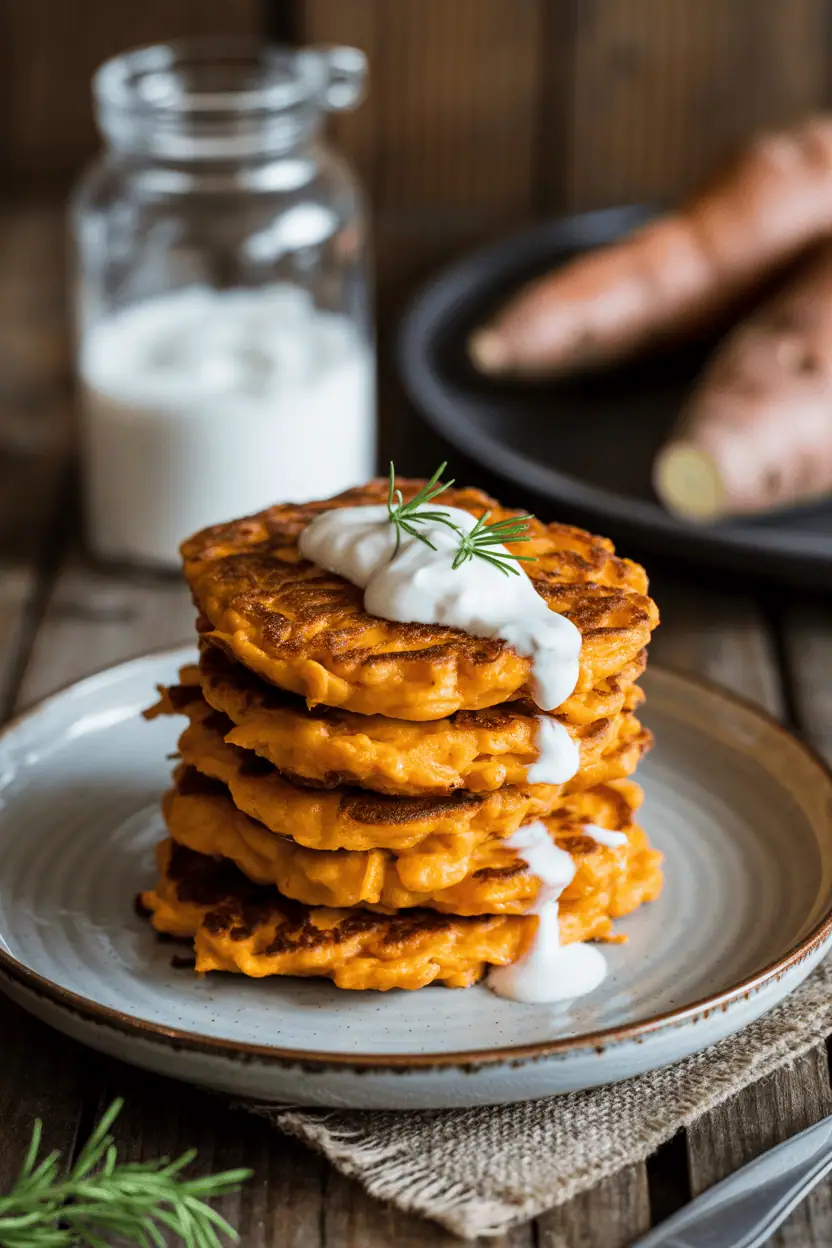sweet potato fritters stacked on plate, crispy edges, drizzle of sour cream, rustic wooden background, warm tones
