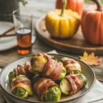 bacon-wrapped brussels sprouts glazed with maple syrup, crispy and golden, fall table setting, natural daylight, shallow depth of field