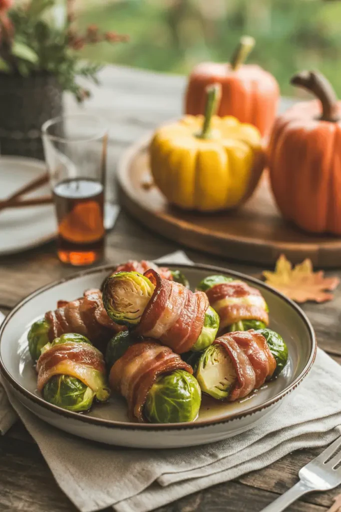 bacon-wrapped brussels sprouts glazed with maple syrup, crispy and golden, fall table setting, natural daylight, shallow depth of field