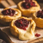 golden mini brie puff pastry bites with cranberry sauce topping, melted cheese oozing slightly, rustic wood board, warm orange light, cozy thanksgiving background, editorial food photography