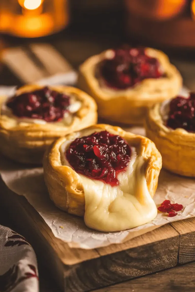 golden mini brie puff pastry bites with cranberry sauce topping, melted cheese oozing slightly, rustic wood board, warm orange light, cozy thanksgiving background, editorial food photography
