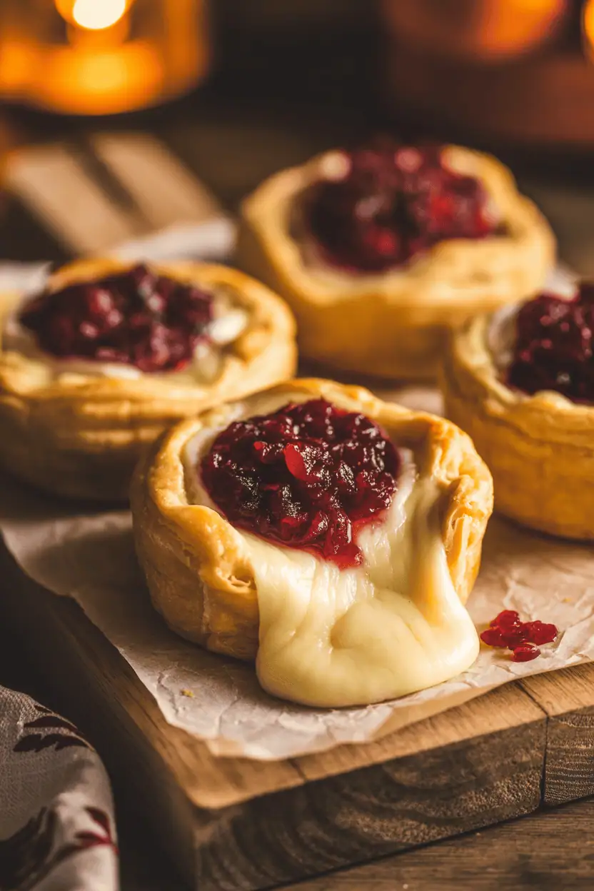 golden mini brie puff pastry bites with cranberry sauce topping, melted cheese oozing slightly, rustic wood board, warm orange light, cozy thanksgiving background, editorial food photography