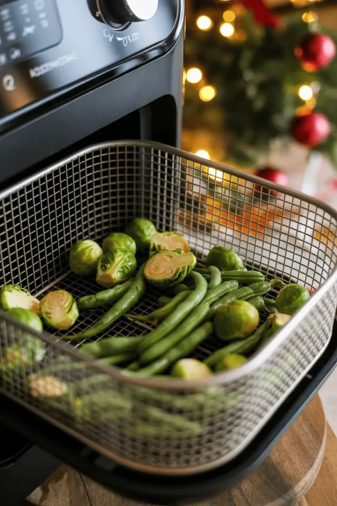 close-up of air fryer basket with brussels sprouts and green beans roasting, golden edges, warm holiday background, shallow depth of field