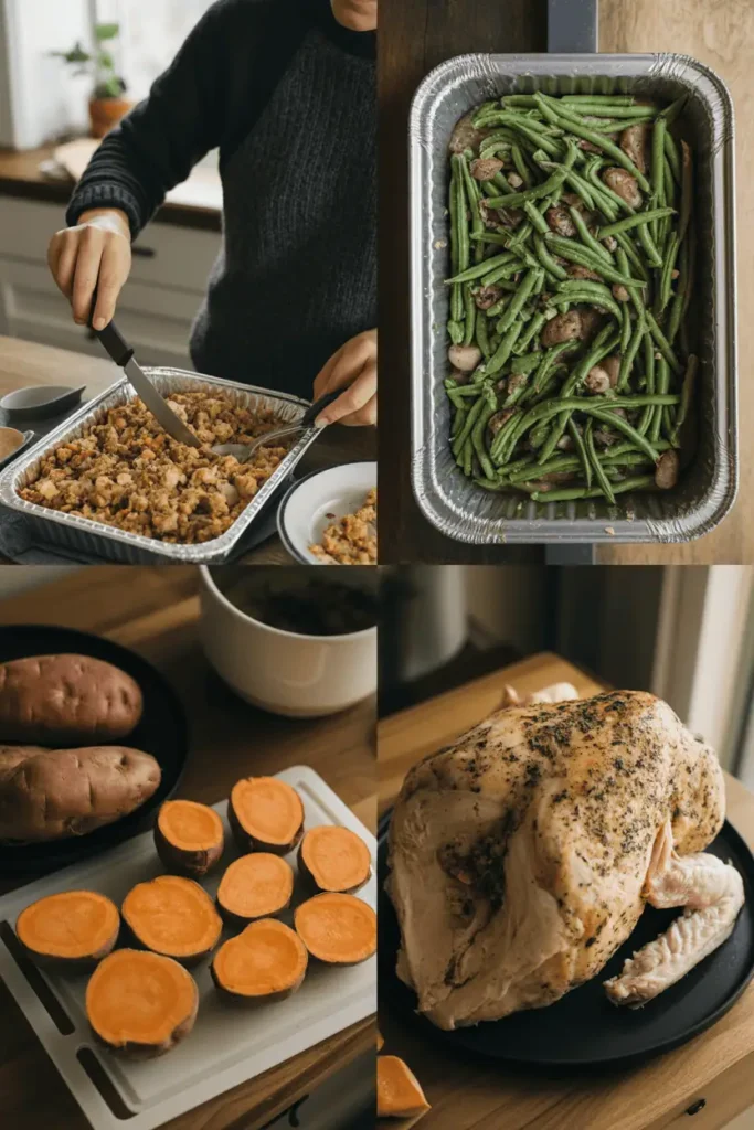 collage of 4 images — person prepping stuffing, green bean casserole in foil pan, sweet potatoes on cutting board, seasoned turkey breast in fridge — warm indoor lighting, thanksgiving atmosphere