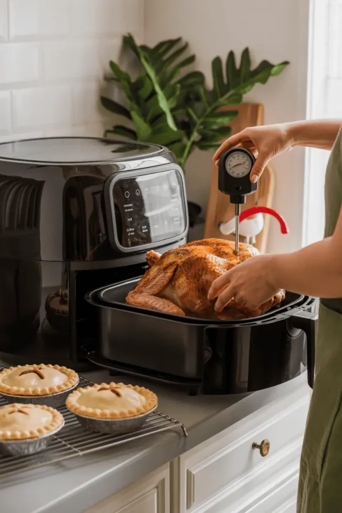 cozy kitchen scene, person checking turkey temperature with thermometer beside air fryer, mini pies cooling on rack, festive thanksgiving feel