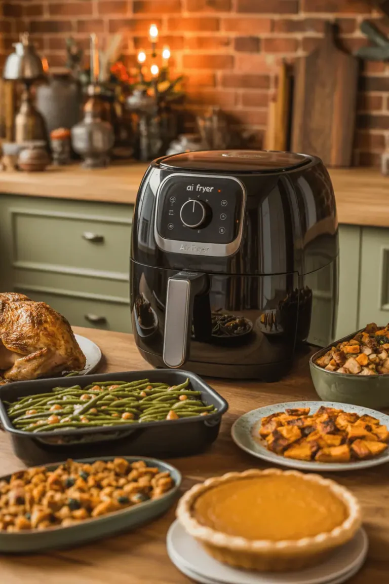 thanksgiving dinner timeline concept, air fryer on countertop surrounded by cooked dishes — turkey breast, green bean casserole, stuffing, sweet potatoes, pumpkin pie — cozy holiday kitchen lighting, rustic table, warm orange tones, editorial food photography