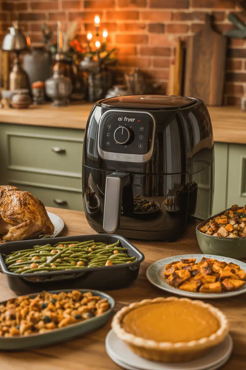 thanksgiving dinner timeline concept, air fryer on countertop surrounded by cooked dishes — turkey breast, green bean casserole, stuffing, sweet potatoes, pumpkin pie — cozy holiday kitchen lighting, rustic table, warm orange tones, editorial food photography