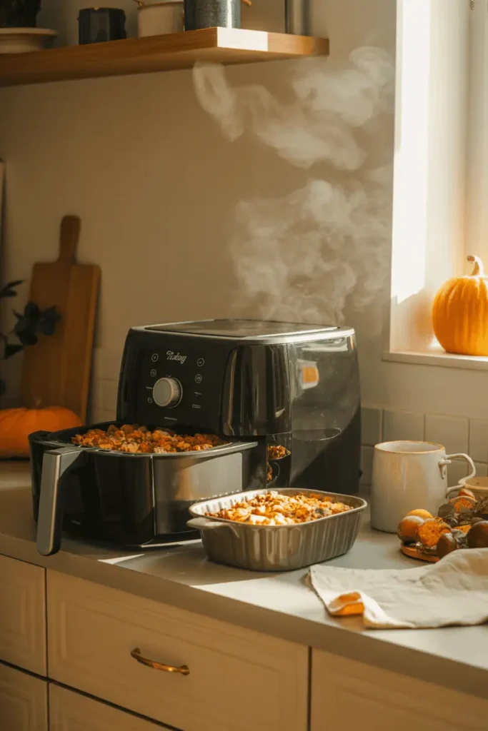 thanksgiving morning kitchen counter with air fryer reheating casseroles and stuffing, cozy lighting, steam rising, clean bright workspace, warm autumn colors