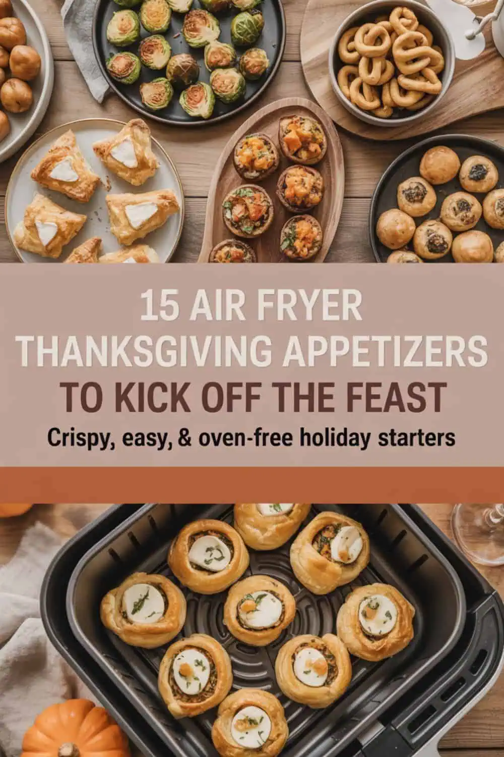 thanksgiving appetizer spread cooked in an air fryer, golden crispy bites like brie puff pastry, bacon-wrapped brussels sprouts, sweet potato fritters, stuffed mushrooms, and garlic knots arranged on rustic wooden table, cozy autumn decor, warm natural light, overhead food photography, neutral beige and orange tones, professional editorial food styling, depth and realism, inviting festive atmosphere