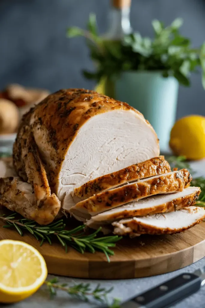 juicy golden turkey breast with crispy skin sliced on a board beside an air fryer basket, fresh herbs, soft natural light, shallow depth of field, cozy thanksgiving styling