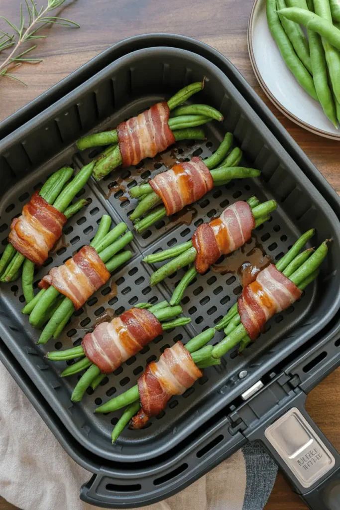 bacon-wrapped green bean bundles with brown sugar glaze in air fryer tray, golden caramelized edges, festive thanksgiving lighting